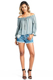 Women's Puff Long Sleeve Ruffled Front Tie Off Shoulder Top