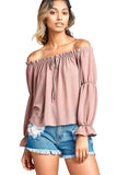 Women's Puff Long Sleeve Ruffled Front Tie Off Shoulder Top