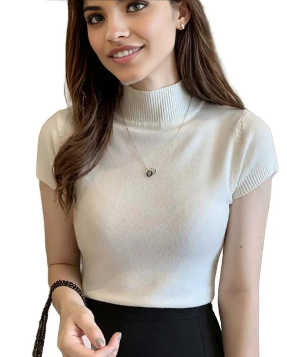 Womens Slim Fit Turtle Neck Short Sleeve Knitted Top