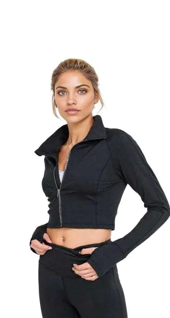 Zip-Up Crop Active Jacket with Thumbholes