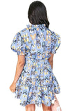 Purple Butterfly Print Short Puff Sleeve Pleated Ruffle Dress