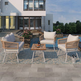 4-Piece Patio Furniture Set, Outdoor Furniture with Acacia Wood Table, Patio Conversation Set with Deep Seating & Thick Cushion for Backyard Porch Balcony