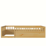 Twin Floor Bed Frame with Fence, Wood Kids Floor Beds Frame for Bedroom Playroom,Natural(Expect arrive date Jun. 21st)
