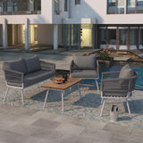 4-Piece Patio Furniture Set, Outdoor Furniture with Acacia Wood Table, Patio Conversation Set with Deep Seating & Thick Cushion for Backyard Porch Balcony