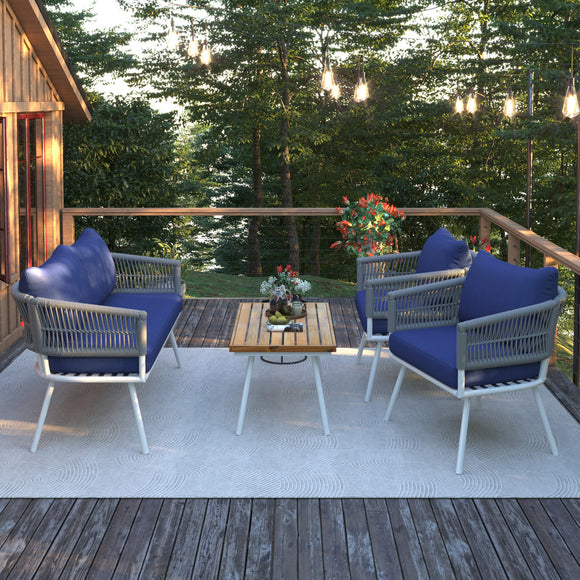 4-Piece Patio Furniture Set, Outdoor Furniture with Acacia Wood Table, Patio Conversation Set with Deep Seating & Thick Cushion for Backyard Porch Balcony