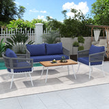 4-Piece Patio Furniture Set, Outdoor Furniture with Acacia Wood Table, Patio Conversation Set with Deep Seating & Thick Cushion for Backyard Porch Balcony