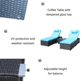 3-Piece Outdoor Patio Furniture Set Chaise Lounge, Patio Reclining Rattan Lounge Chair Chaise Couch Cushioned with Glass Coffee Table, Adjustable Back and Feet, Lounger Chair for Pool Garden, Blue