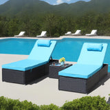 3-Piece Outdoor Patio Furniture Set Chaise Lounge, Patio Reclining Rattan Lounge Chair Chaise Couch Cushioned with Glass Coffee Table, Adjustable Back and Feet, Lounger Chair for Pool Garden, Blue