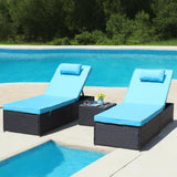 3-Piece Outdoor Patio Furniture Set Chaise Lounge, Patio Reclining Rattan Lounge Chair Chaise Couch Cushioned with Glass Coffee Table, Adjustable Back and Feet, Lounger Chair for Pool Garden, Blue