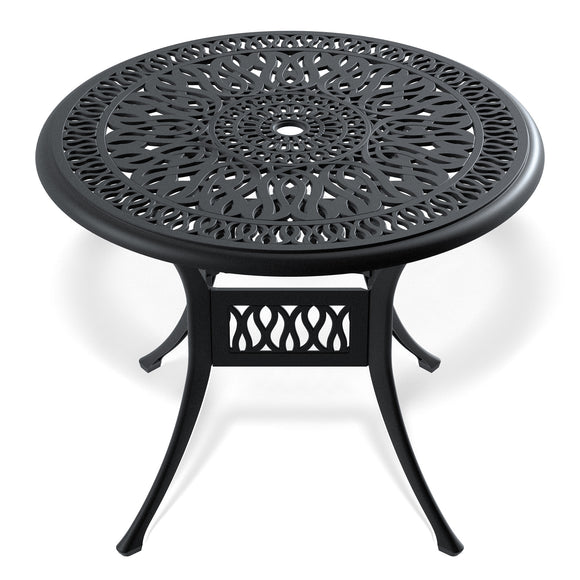 Ø35.43-inch Cast Aluminum Patio Dining Table With Black Frame and Umbrella Hole