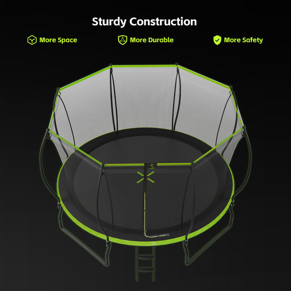 New Design 14FT Trampoline for Kids with Upgraded Arc Composite Pole and Safety Enclosure Net, Ladder and 8 Wind Stakes, Round Outdoor Recreational Playset Balanced Physical Training Trampoline