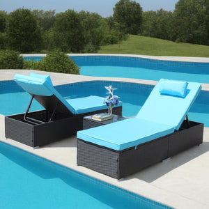 3-Piece Outdoor Patio Furniture Set Chaise Lounge, Patio Reclining Rattan Lounge Chair Chaise Couch Cushioned with Glass Coffee Table, Adjustable Back and Feet, Lounger Chair for Pool Garden, Blue
