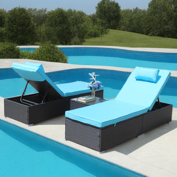 3-Piece Outdoor Patio Furniture Set Chaise Lounge, Patio Reclining Rattan Lounge Chair Chaise Couch Cushioned with Glass Coffee Table, Adjustable Back and Feet, Lounger Chair for Pool Garden, Blue