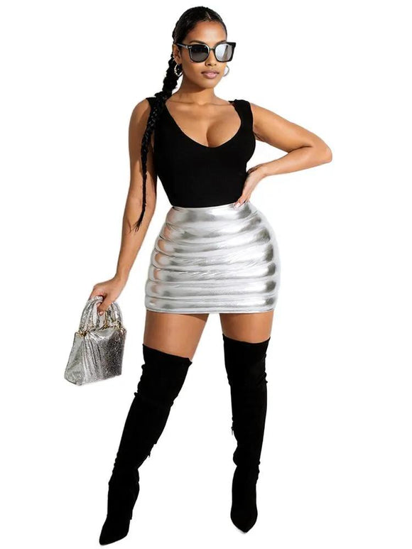 Silver Women's Puffer Skirt Metallic Shiny Solid Warm Quilted Mini