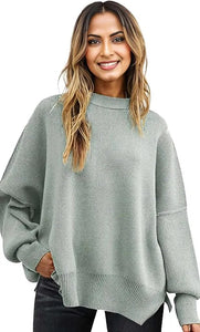 Round Neck Drop Shoulder Slit Sweater