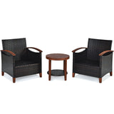 3 Pieces Patio Rattan Furniture Set with Washable Cushion and Acacia Wood Tabletop