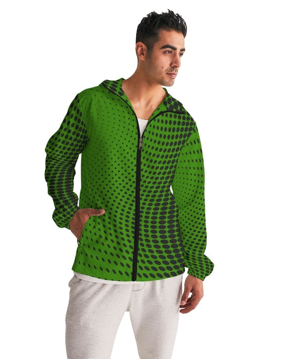 Mens Hooded Windbreaker - Green Polka Dot Water Resistant Jacket - Jl3i0x