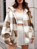 Plaid Hooded Teddy Coat, Elegant Zip Up Long Sleeve Winter Warm Outerwear, Women's Clothing