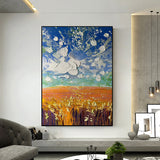 Hand Painted Oil Painting Original Nature Landscape Oil Painting On Canvas Textured Wall Art Abstract Sky Cloud Art Wheat Field Painting Living room Home Decor