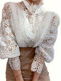 Plus Size Elegant Blouse, Women's Plus Solid Contrast Lace Lantern Sleeve Button Up Mock Neck Shirt Top