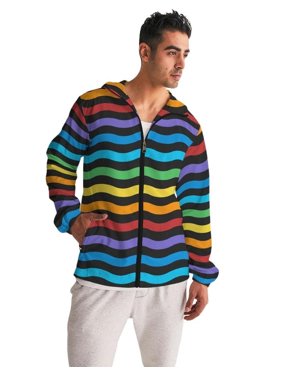 Mens Hooded Windbreaker - Rainbow Striped Water Resistant Jacket - J7my0x