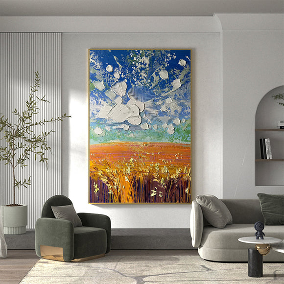 Hand Painted Oil Painting Original Nature Landscape Oil Painting On Canvas Textured Wall Art Abstract Sky Cloud Art Wheat Field Painting Living room Home Decor