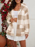 Plaid Print Teddy Hooded Coat, Casual Zip Up Long Sleeve Warm Outerwear, Women's Clothing
