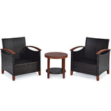3 Pieces Patio Rattan Furniture Set with Washable Cushion and Acacia Wood Tabletop