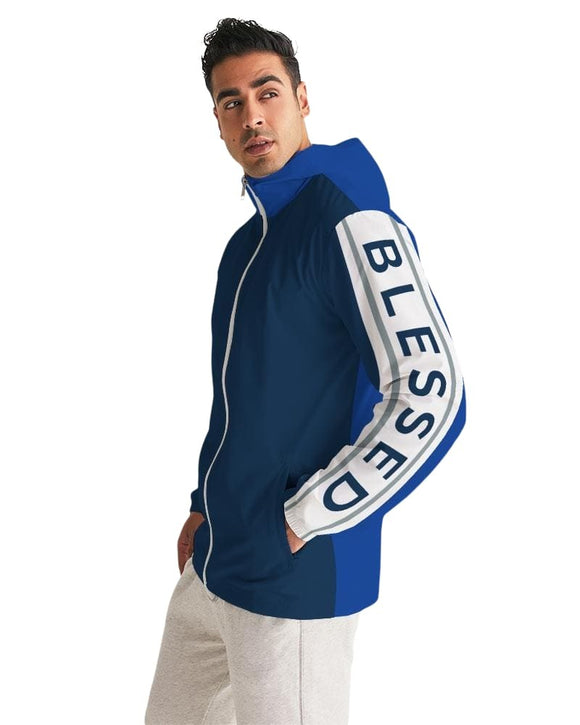 Mens Hooded Windbreaker - Blessed Sleeve Stripe Blue Water Resistant Jacket - J7rw0x