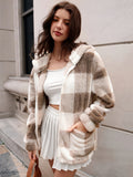 Plaid Hooded Teddy Coat, Elegant Zip Up Long Sleeve Winter Warm Outerwear, Women's Clothing