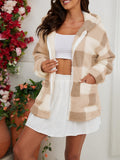 Plaid Print Teddy Hooded Coat, Casual Zip Up Long Sleeve Warm Outerwear, Women's Clothing