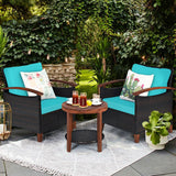 3 Pieces Patio Rattan Furniture Set with Washable Cushion and Acacia Wood Tabletop