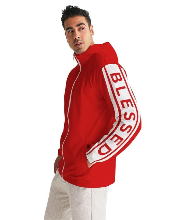 Mens Hooded Windbreaker - Blessed Sleeve Stripe Red Water Resistant Jacket - J7qn0x