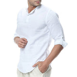Mens Linen Cotton Henley Shirt Casual Long Sleeve Tops