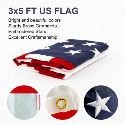 3x5 FT 210D Polyester American Flag;  Embroidered Stars;  Sewn Stripes;  Brass Grommets US Flag Outdoor USA Flags