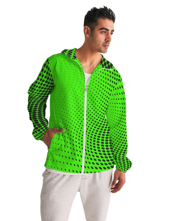 Mens Hooded Windbreaker, Neon Green Polka Dot Water Resistant Jacket - Jjwd0x