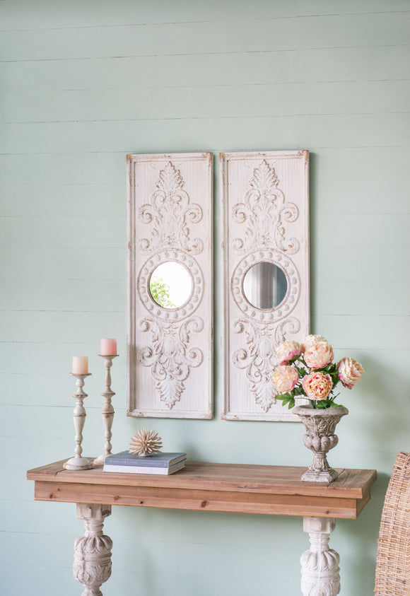 Set of 2 Large Wooden Wall Art Panels with Distressed White Finish and Round Mirror Accents,17