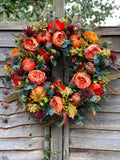 Fall Peony and Pumpkin Wreath, Autumn Year Round Wreaths for Front Door, Artificial Fall Wreath, Halloween Wreath, Thanksgiving Wreath, Maple Leaf Berry Pumpkin Pinecone Harvest Wreath, Home Farmhouse