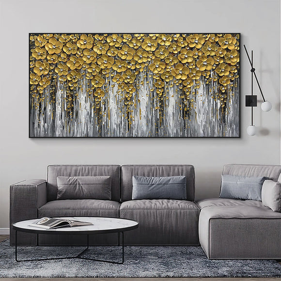 Hand Painted Oil Painting 3D Abstract Flower Landscape Oil Painting on Canvas Large Original Gold Floral Palette knife Texture Art Living Room Wall Art Home Decor