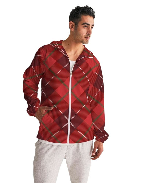 Mens Hooded Windbreaker - Red Tartan Plaid Water Resistant Jacket - Jjz80x