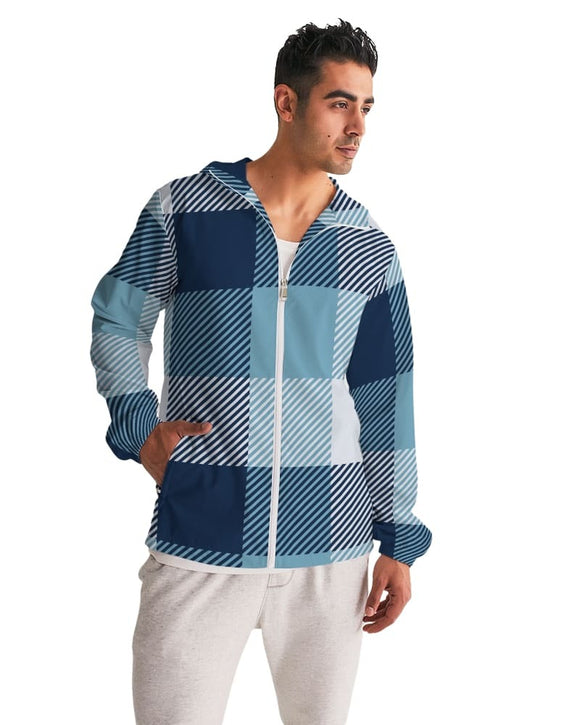 Mens Hooded Windbreaker - Tartan Plaid Blue Water Resistant Jacket - J917641